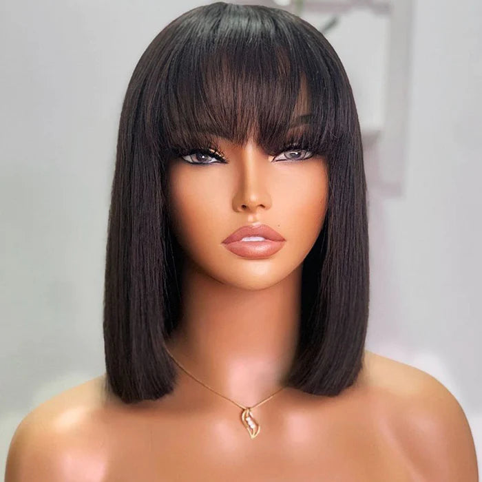 Atikual Straight Short Bob Wig Glueless Human Hair Wigs With Bangs For Women
