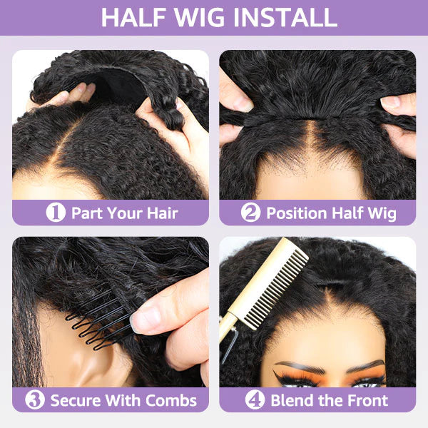 Atikual 3 In 1 Half Wig | Kinky Curly Glueless Wear Go Half Wig Human Hair Invisible Hairline Protective Style