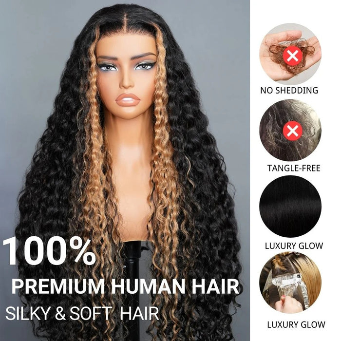Atikual Highlight Honey Blonde Water Wave Lace Front Wigs Pre Cut Glueless Human Hair Wigs Put On And Go