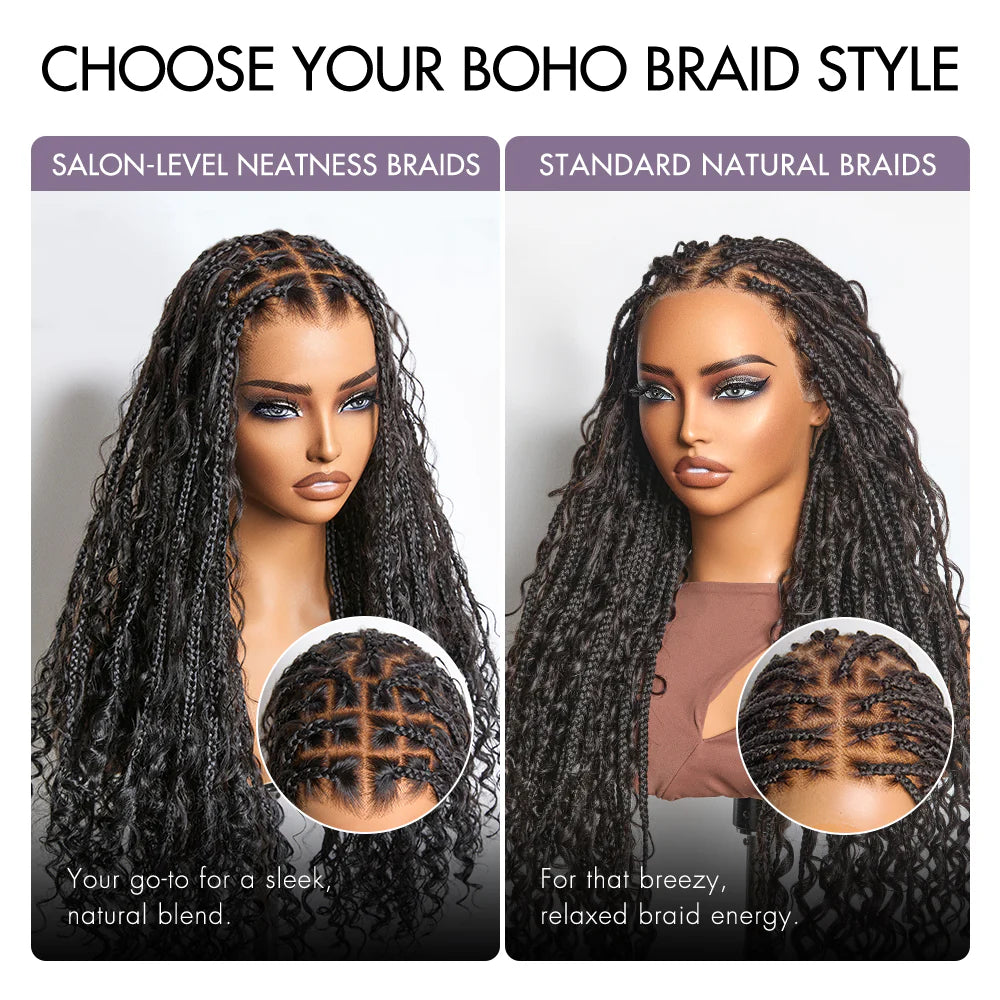 Atikual Water Wave Glueless Boho Braids Lace Wig Human Hair with Invisi Drawstring Cap Pre-Cut Lace Wigs