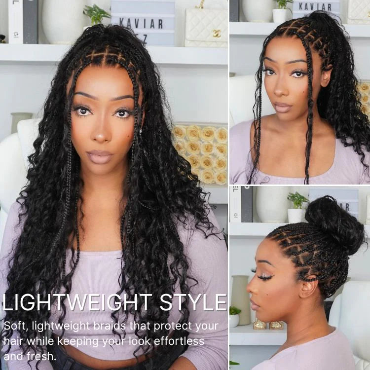 Atikual Water Wave Glueless Boho Braids Lace Wig Human Hair with Invisi Drawstring Cap Pre-Cut Lace Wigs