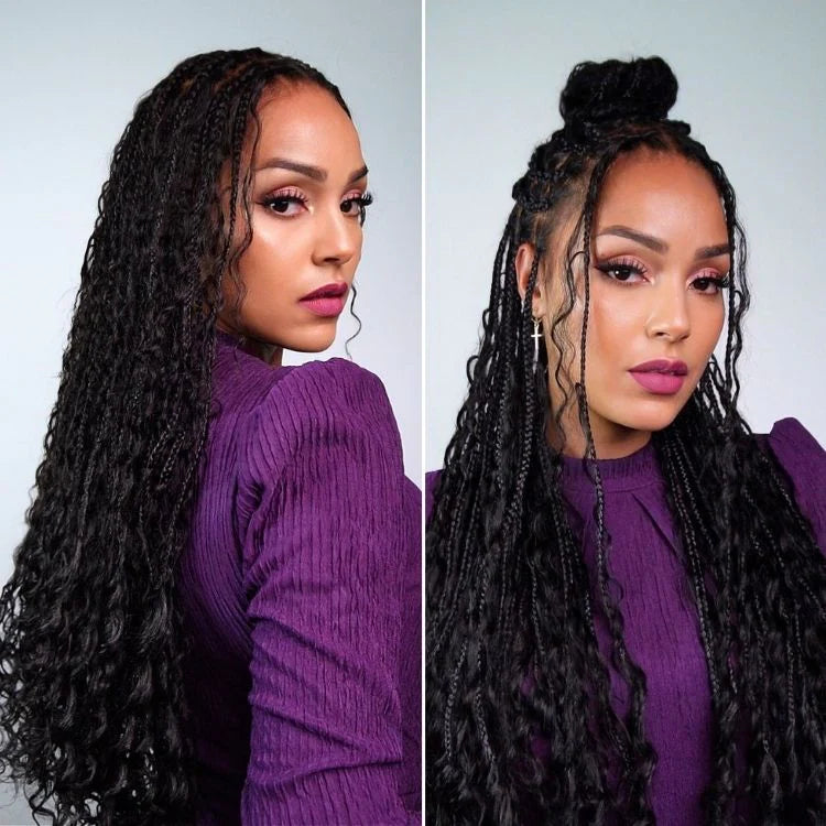 Atikual Water Wave Glueless Boho Braids Lace Wig Human Hair with Invisi Drawstring Cap Pre-Cut Lace Wigs