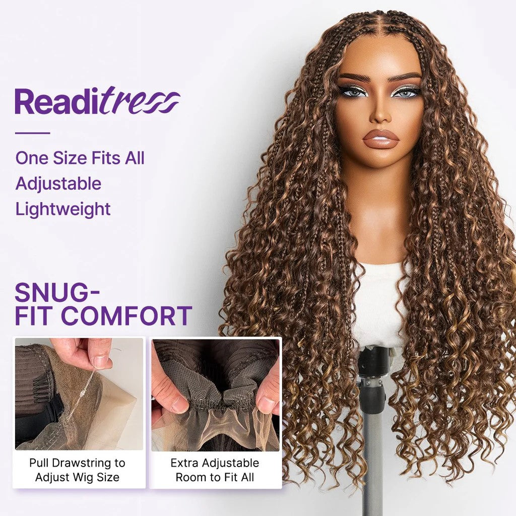 Atikual Mix Blonde Knotless Boho Curls Braided Long Drawstring 13x6 Frontal Pre Cut HD Lace Glueless Human Hair Wig