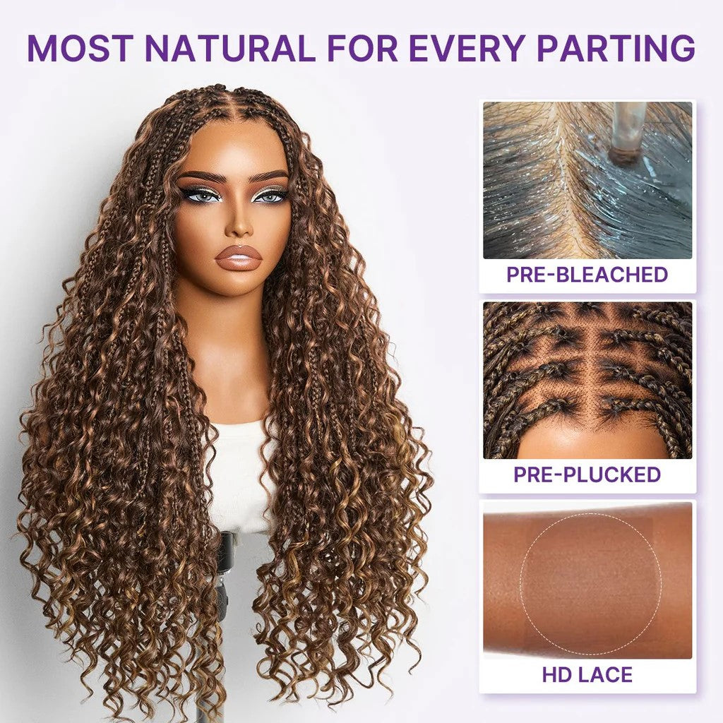 Atikual Mix Blonde Knotless Boho Curls Braided Long Drawstring 13x6 Frontal Pre Cut HD Lace Glueless Human Hair Wig