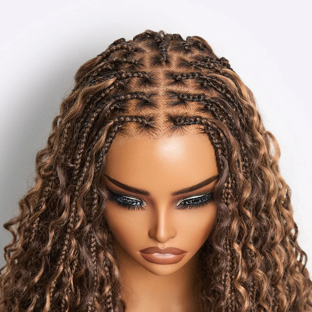 Atikual Mix Blonde Knotless Boho Curls Braided Long Drawstring 13x6 Frontal Pre Cut HD Lace Glueless Human Hair Wig