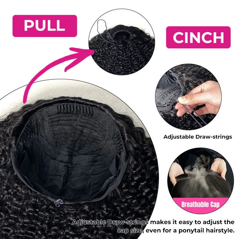 Atikual Wear Go Half Wig 1B/30 Highlight Kinky Curly Half Wig InvisiFit Strap Flip Over Wig Human Hair
