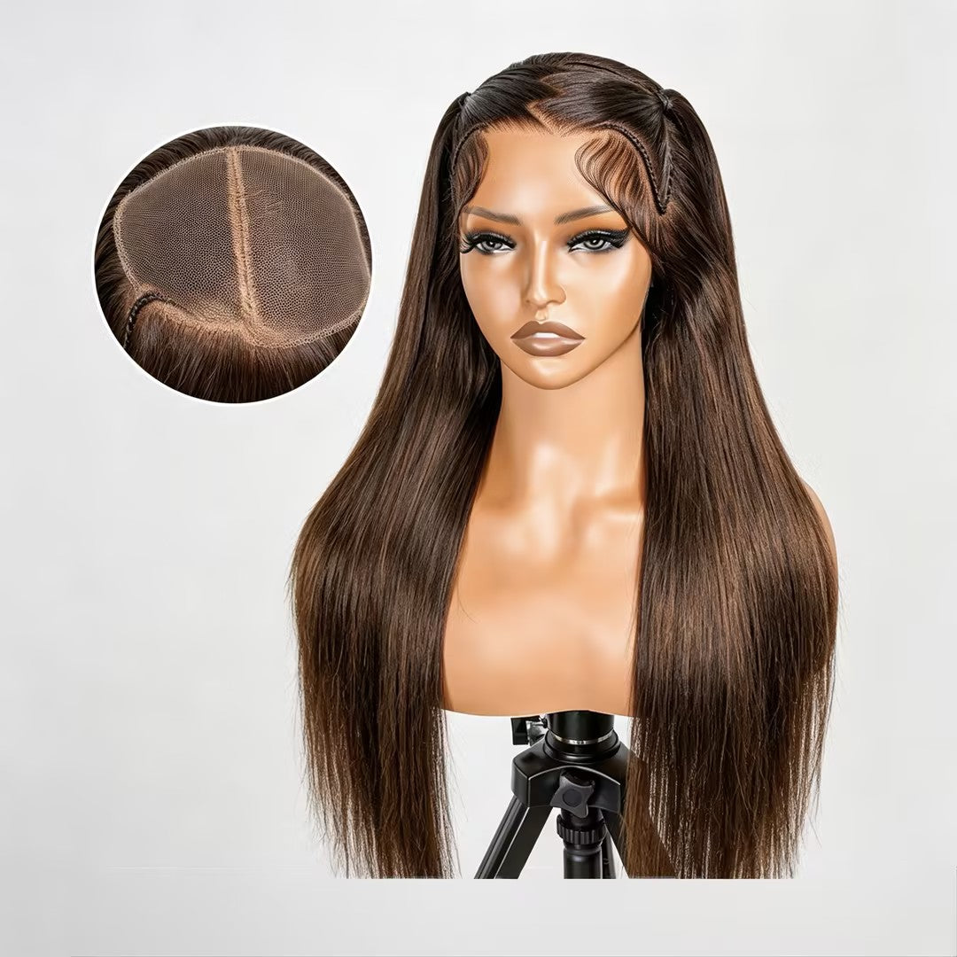 Atikual #4 Brown Pre Styled Zig Zag Part Frontal Wig Straight Glueless Lace Wig