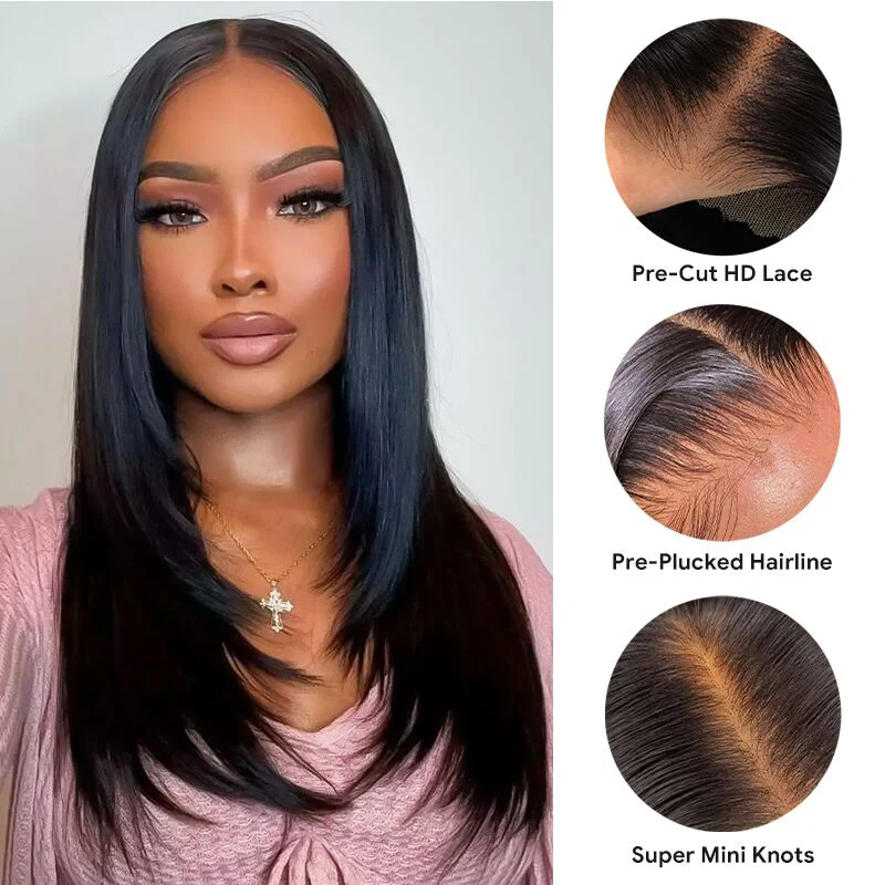 Atikual Layered Cut Wear Go Wigs Straight 7x5 Pre-cut Lace Closure 180% Density Wigs 100% Human Hair