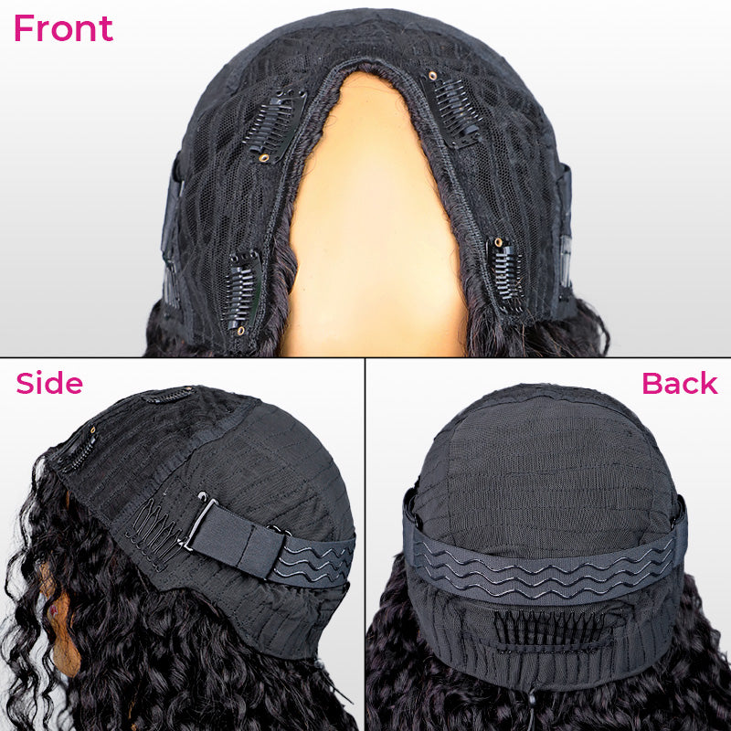 Atikual V Part Burmese Curly Invisi Strap New In Hand Tied 250% Density Wig Human Hair No Leave Out Glueless Wig With Elastic Drawstrings Beginner Friendly