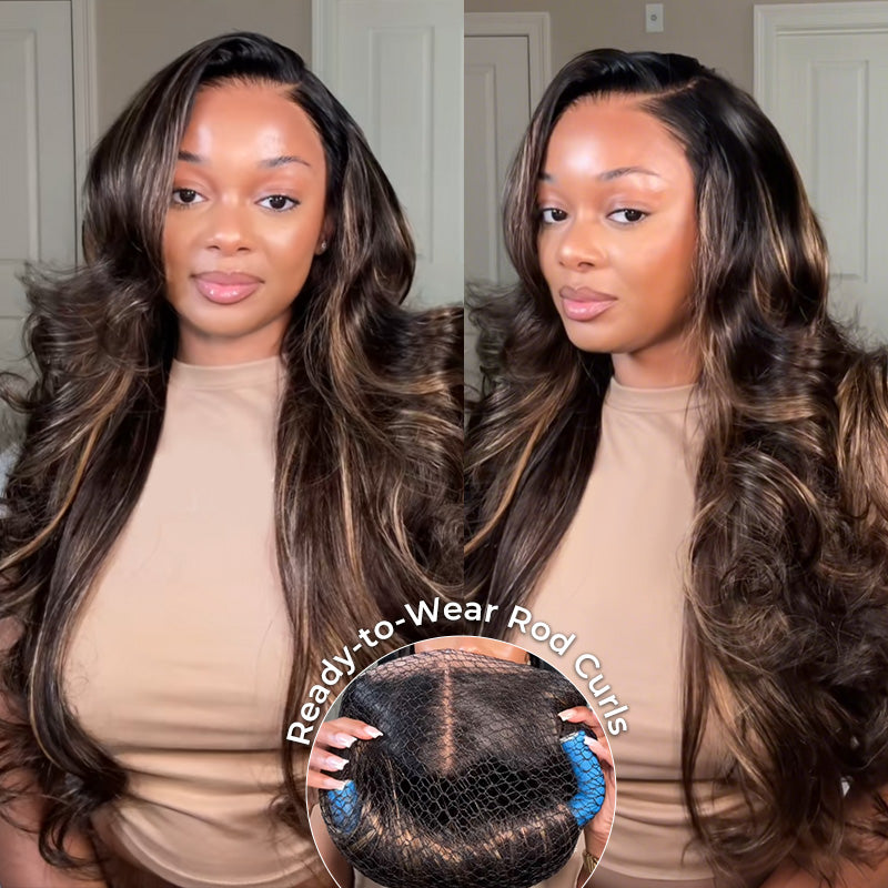 Atikual Pre-Styled Butterfly Cut Layer Brown Balayage Human Hair Wigs Pre Bleached Mini Knots Pre-Cut 7x5 C Part Lace Wig Human Hair