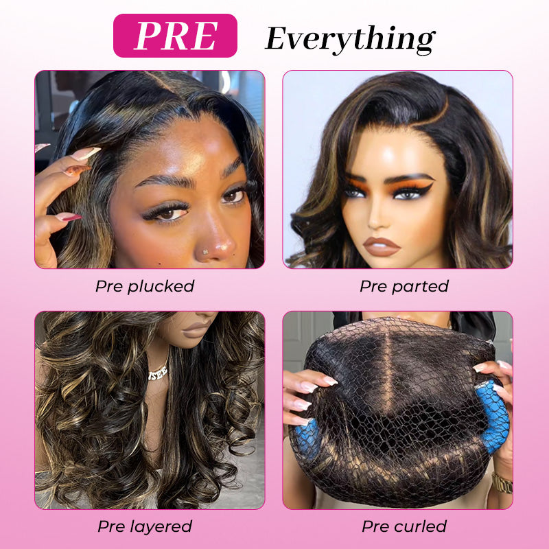 Atikual Pre-Styled Butterfly Cut Layer Brown Balayage Human Hair Wigs Pre Bleached Mini Knots Pre-Cut 7x5 C Part Lace Wig Human Hair