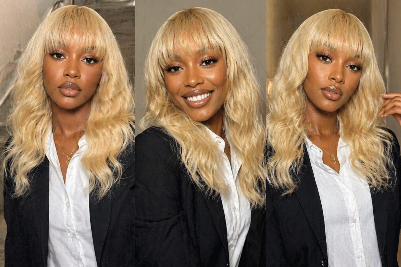 Atikual 613 Blonde Body Wave Human Hair Wig with Bangs Natural Color for Women