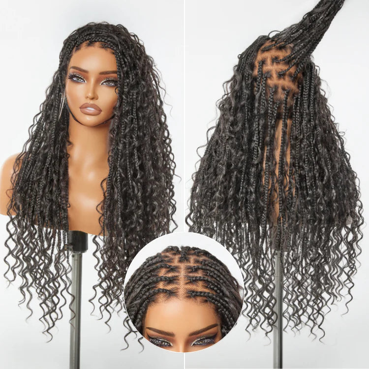 Atikual Water Wave Glueless Boho Braids Lace Wig Human Hair with Invisi Drawstring Cap Pre-Cut Lace Wigs