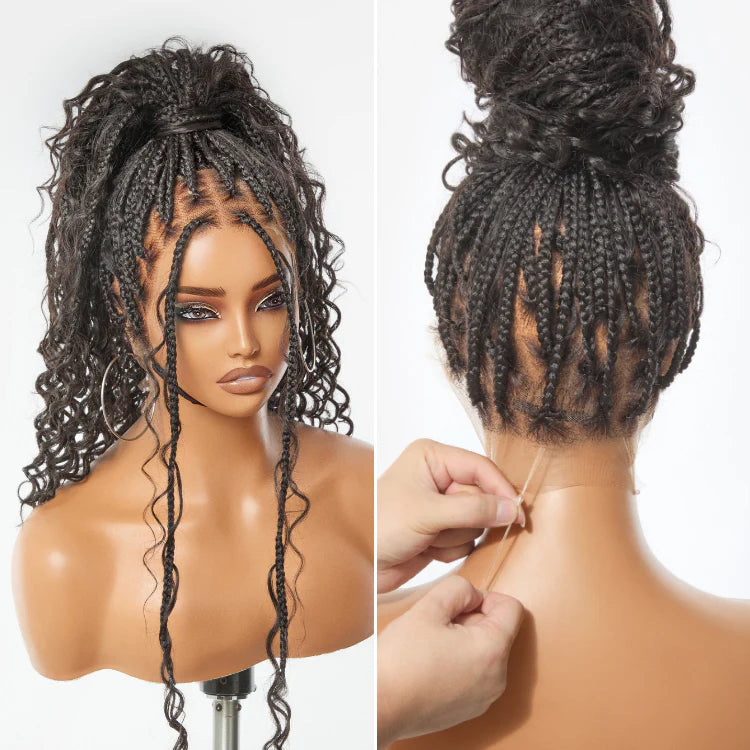 Atikual Water Wave Glueless Boho Braids Lace Wig Human Hair with Invisi Drawstring Cap Pre-Cut Lace Wigs