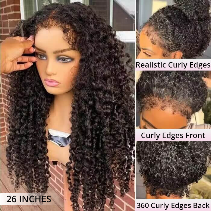 Atikual 4C Curly Edges Hairline Invisi Strap 360 Lace Front Glueless Lace Wig Kinky Curly Human Hair Wig With Super Natural Hairline