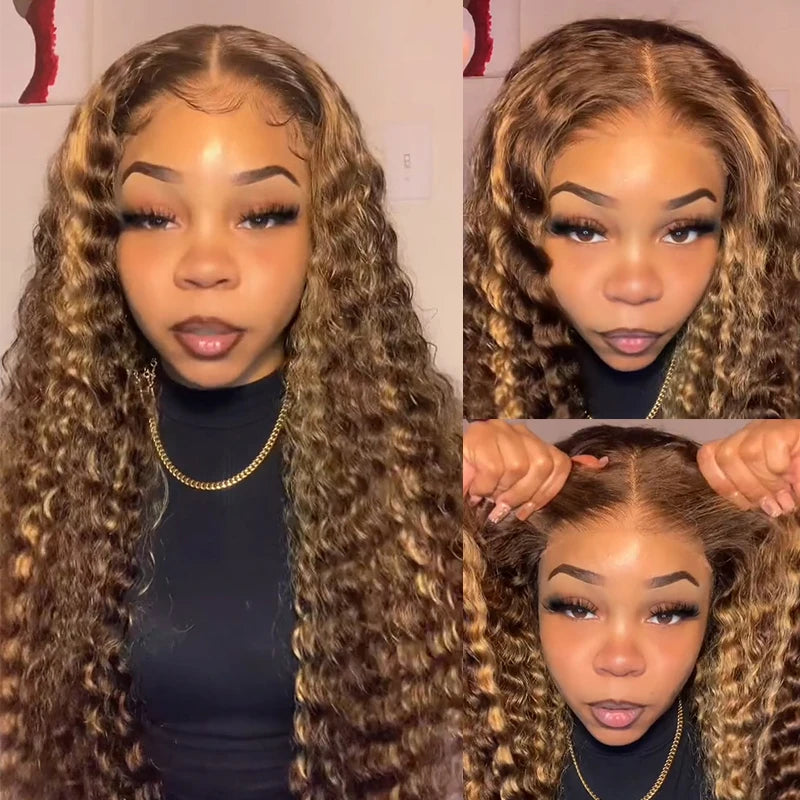 Atikual Highlight Wear Go Glueless Wig Brown Color Deep Wave 7X5 Pre-Cut Lace Human Hair Wig
