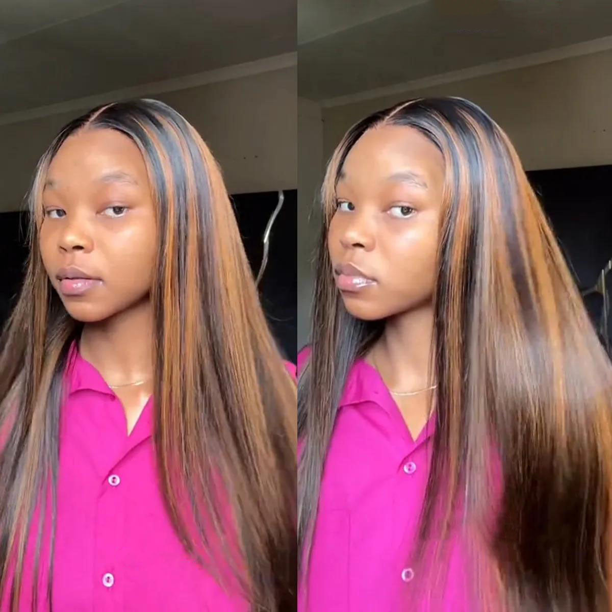 Atikual Honey Brown Highlight Straight Glueless Wig Human Hair 7X5 13X4 Lace Front Wigs With Invisible Drawstring 180% Density