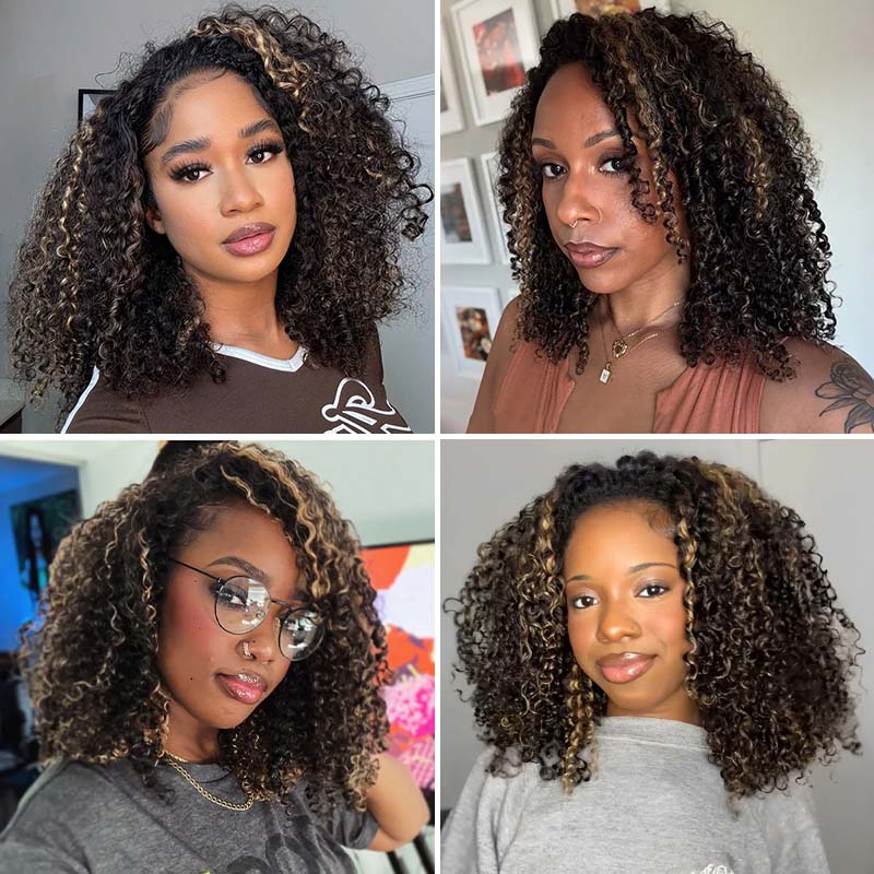 Atikual Wear Go Half Wig 1B/27 Highlight Kinky Curly Half Wig InvisiFit Strap Flip Over Wig Human Hair