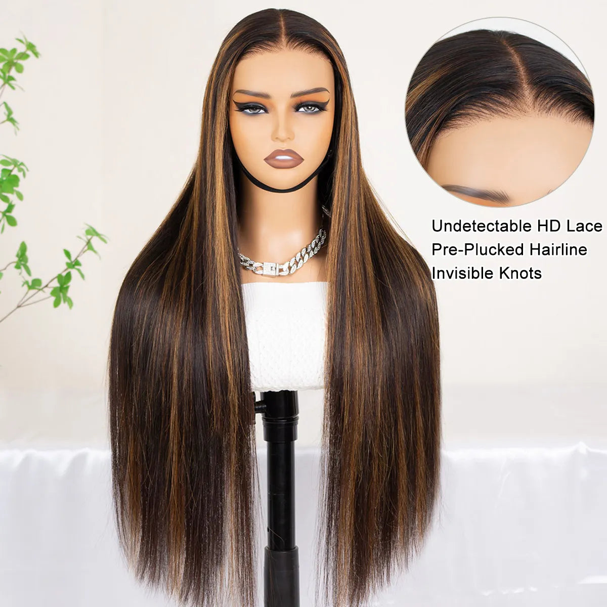 Atikual Honey Brown Highlight Straight Glueless Wig Human Hair 7X5 13X4 Lace Front Wigs With Invisible Drawstring 180% Density