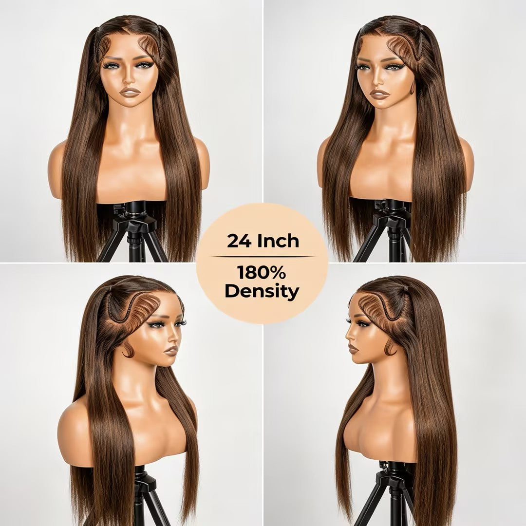 Atikual #4 Brown Pre Styled Zig Zag Part Frontal Wig Straight Glueless Lace Wig