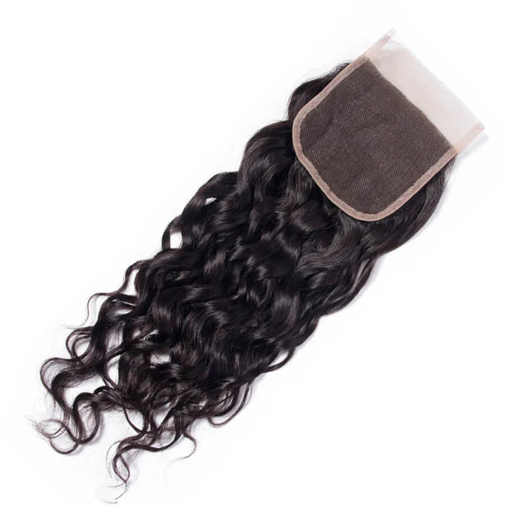 Atikual 4x4 HD Transparent Lace Closure Water Wave Human Hair Closure Natural Black Hair Top Swiss Lace