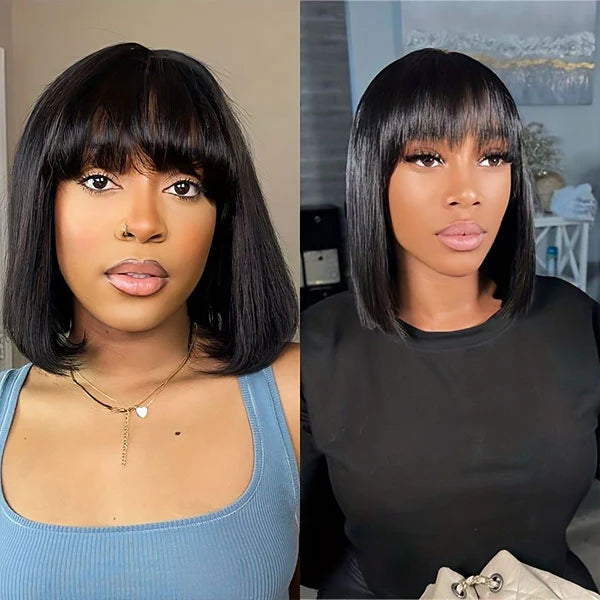 Atikual Straight Short Bob Wig Glueless Human Hair Wigs With Bangs For Women