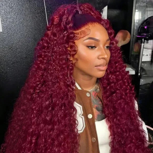 Atikual 99J Burgundy Burmese Curly Crochet Human Hair Micro Ring Loop for Better Scalp Airflow