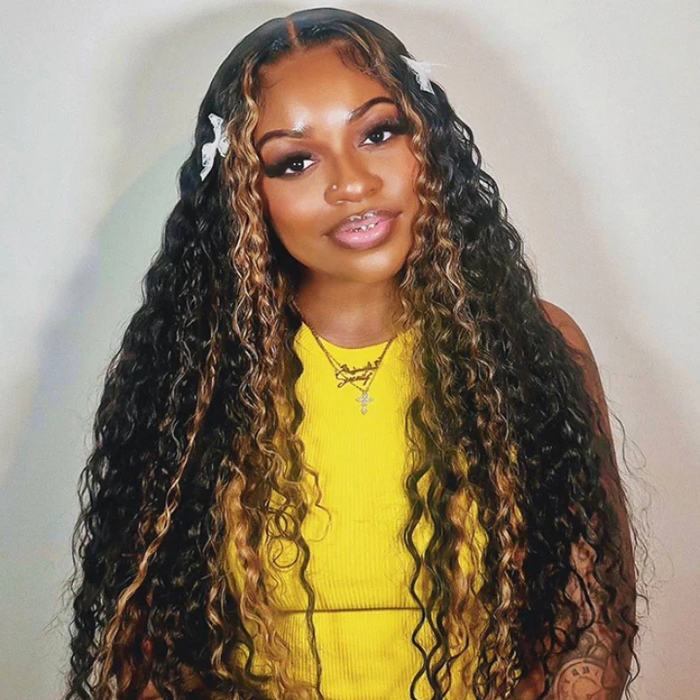 Atikual Highlight Honey Blonde Water Wave Lace Front Wigs Pre Cut Glueless Human Hair Wigs Put On And Go