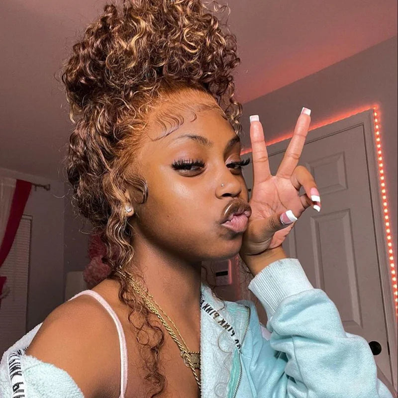 Atikual Highlight Brown Water Wave 360 Wear Go Wig Invisi Drawstrings Pre-Cut Lace Invisi Strap Glueless Wigs Human Hair