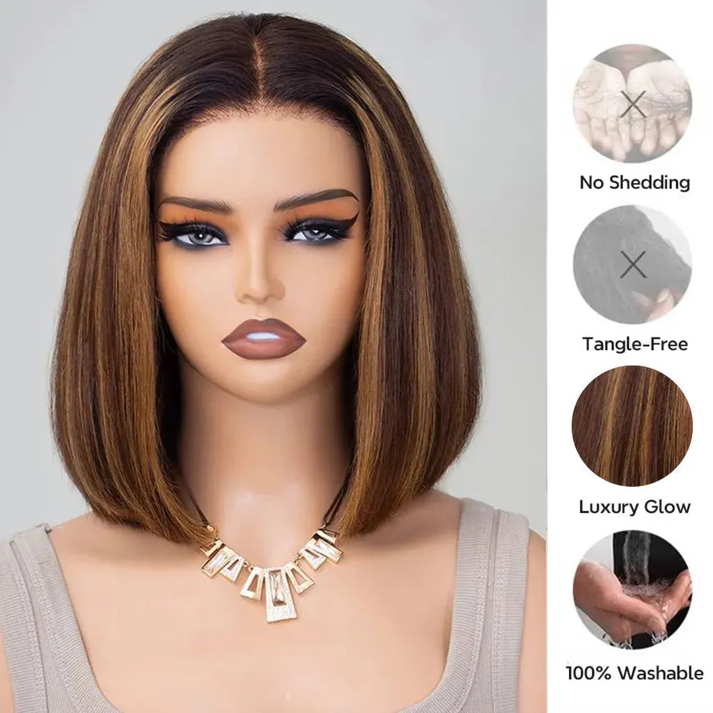 Atikual Highlight Glueless Straight Bob Wig Human Hair 6¡Á5 Pre Cut Lace Wig Bleached Knots