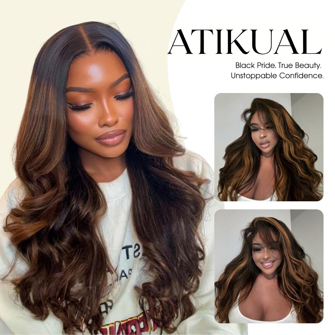 Atikual Brown Highlight 3 Bundles with 13x4 Lace Frontal Human Hair Body Wave Ombre #1b/30 Balayage Bundles with Frontal Free Part 100% Remy Hair
