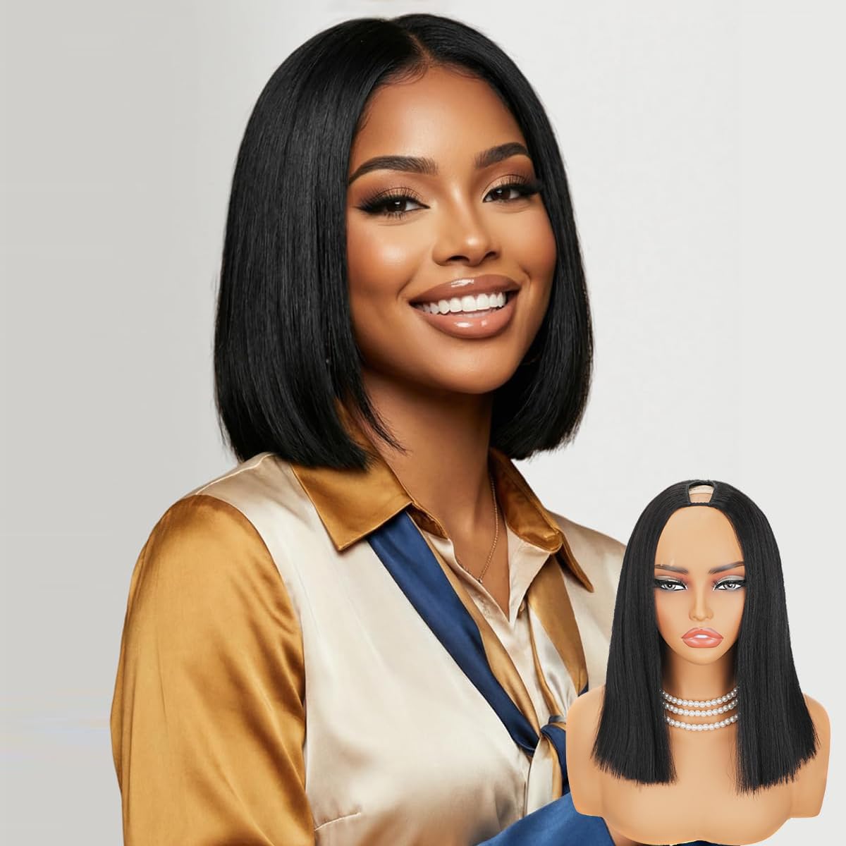 Atikual V Part Bob Wig Short Straight Human Hair Glueless Wigs With Drawstring For Beginner Friendly