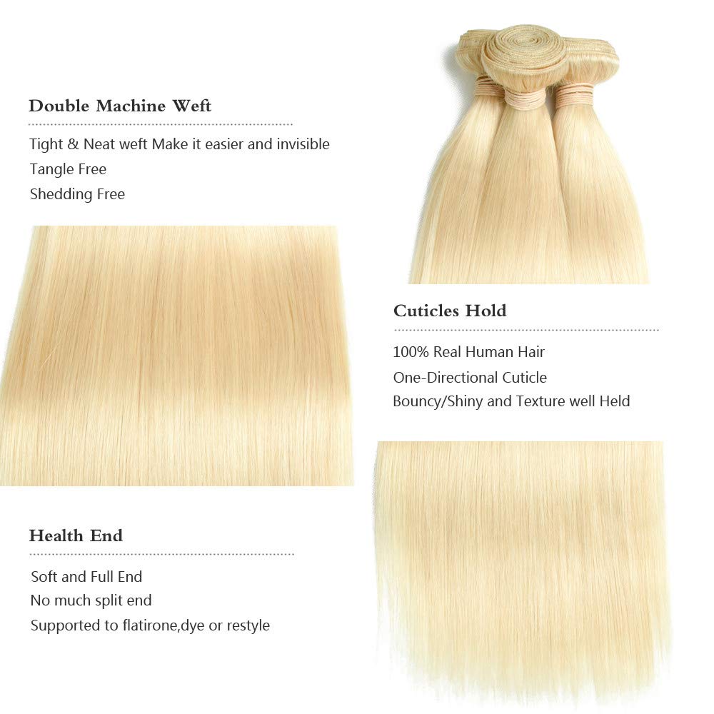 Atikual hair Brazilian Blonde Bundle Hair with Closure 613 blonde Straight 3 bundles with 4x4 lace closure
