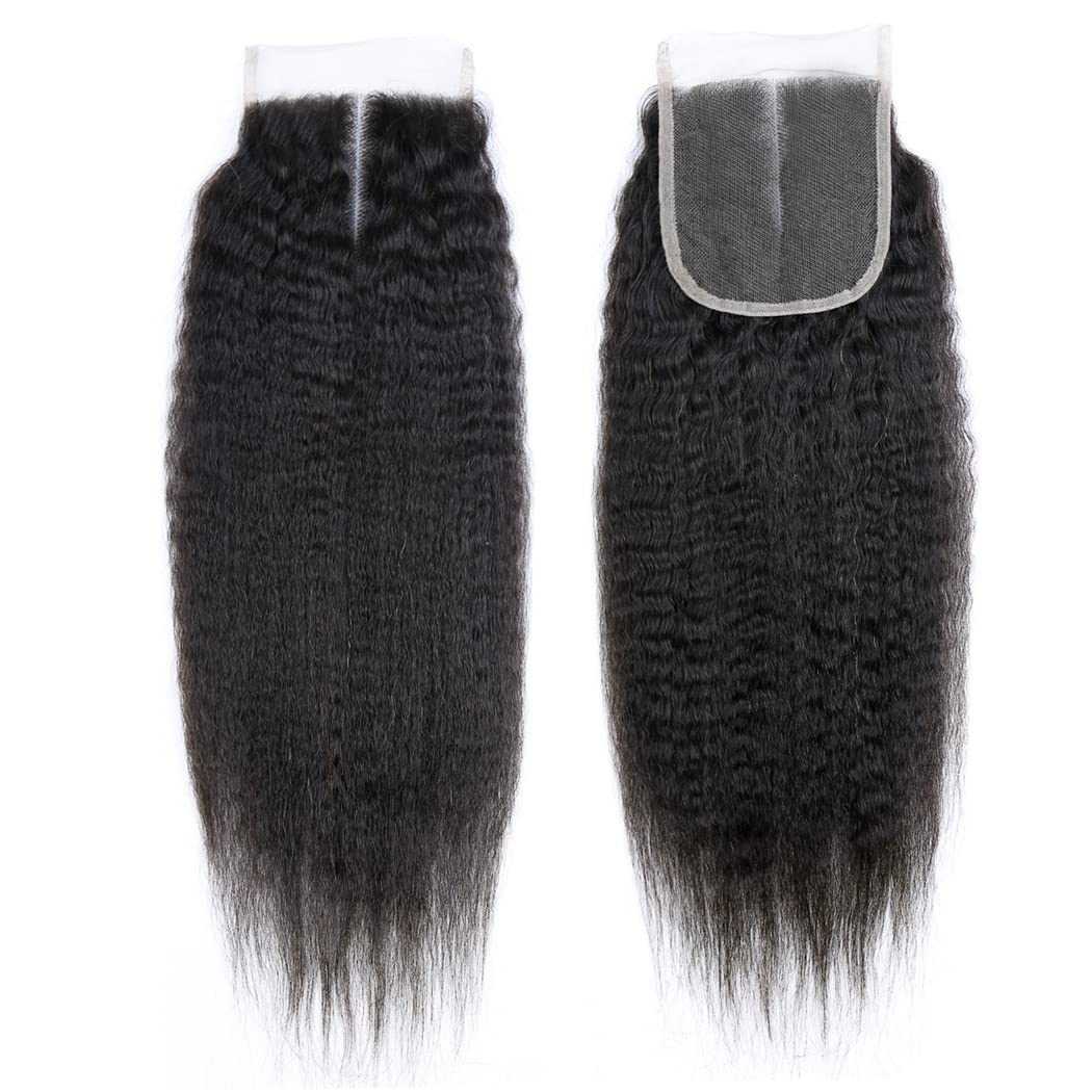 Atikual Kinky Straight Bundles with Closure Brazilian Human Hair Unprocessed Yaki Straight Virgin Hair 3 Bundles with 4x4 Lace Closure Natural Black