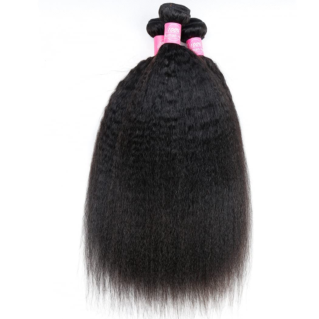 Atikual Kinky Straight Bundles with Closure Brazilian Human Hair Unprocessed Yaki Straight Virgin Hair 3 Bundles with 4x4 Lace Closure Natural Black
