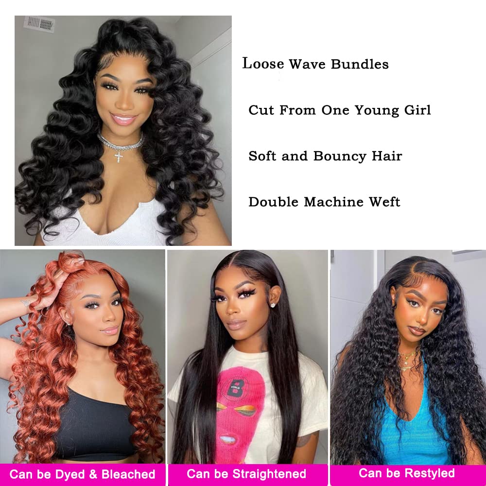 Atikual Loose Wave Bundles with Closure Brazilian Human Hair Unprocessed 3 Bundles with 4x4 Lace Closure Natural Black