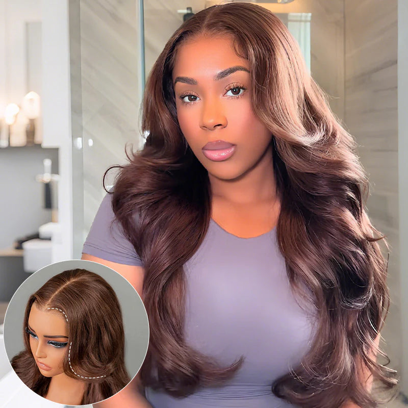 Atikual Chocolate Brown Color Face-Framing Layered Cut Body Wave Glueless Wig 7X5 Pre Cut Lace Wear Go Human Hair Wigs