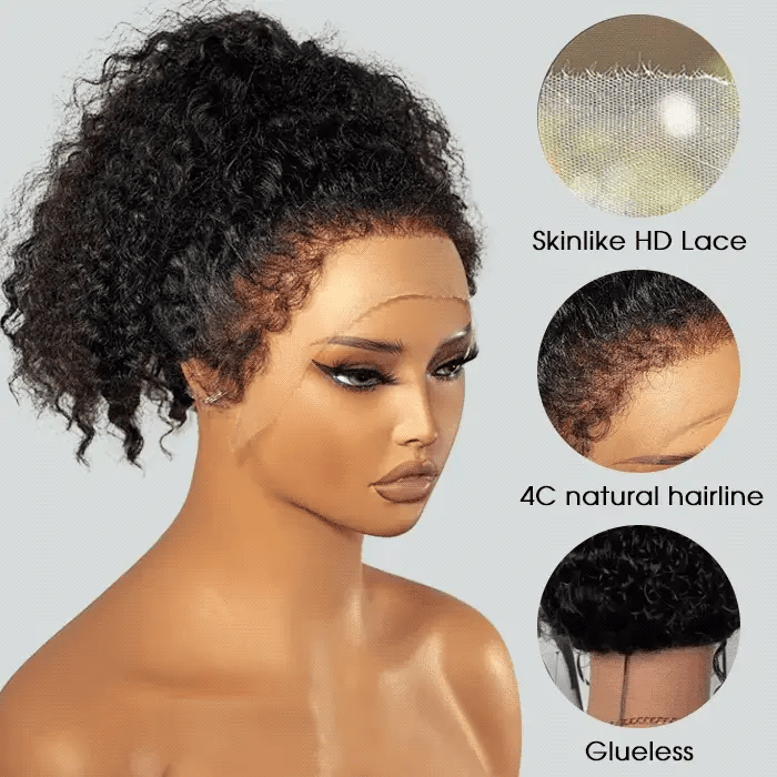 Atikual 4C Curly Edges Hairline Invisi Strap 360 Lace Front Glueless Lace Wig Kinky Curly Human Hair Wig With Super Natural Hairline