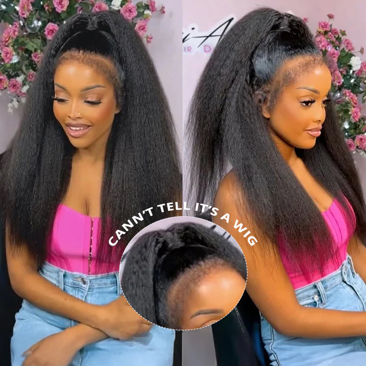 Atikual Glueless 4C Kinky Edge Hairline Kinky Straight Human Hair Wigs Pre Cut Lace 360 HD Lace Invisi Strap Frontal Wigs