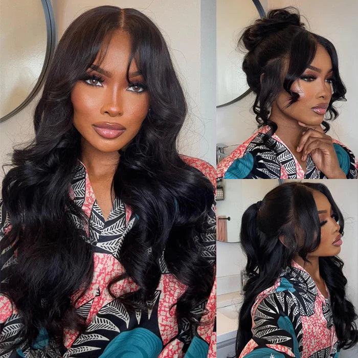 Atikual Curtain Bangs Body Wave Glueless 13x4 HD Lace Front Wig for Women 100% Human Hair Pre Everything
