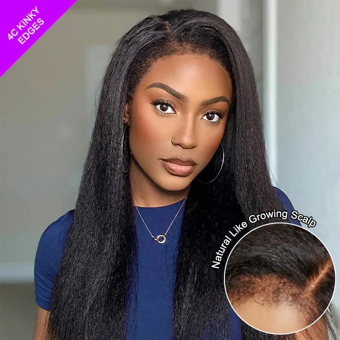 Atikual Glueless 4C Kinky Edge Hairline Kinky Straight Human Hair Wigs Pre Cut Lace 360 HD Lace Invisi Strap Frontal Wigs