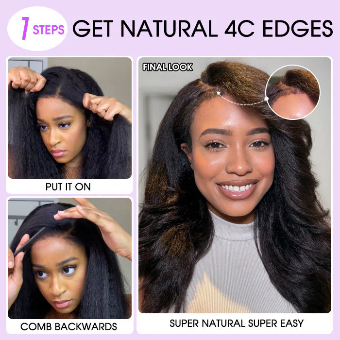 Atikual Glueless 4C Kinky Edge Hairline Kinky Straight Human Hair Wigs Pre Cut Lace 360 HD Lace Invisi Strap Frontal Wigs