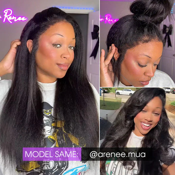 Atikual Glueless 4C Kinky Edge Hairline Kinky Straight Human Hair Wigs Pre Cut Lace 360 HD Lace Invisi Strap Frontal Wigs