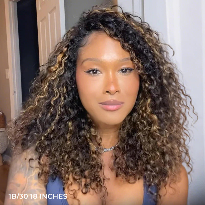 Atikual Wear Go Half Wig 1B/30 Highlight Kinky Curly Half Wig InvisiFit Strap Flip Over Wig Human Hair