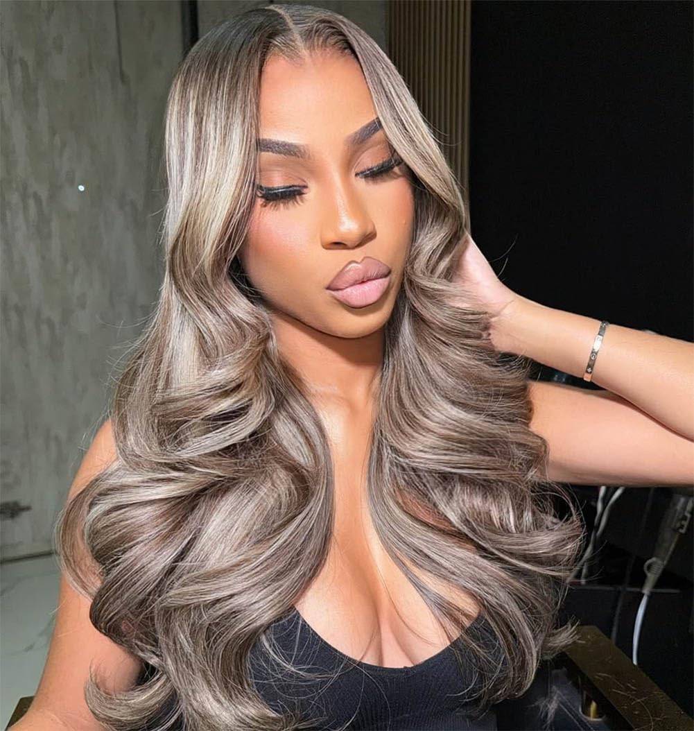 Atikual Ombre Ash Blonde Highlights Lace Front Wig Human Hair Body Wave Ombre Roots Milk Tea with Brown Color Pre Plucked Wigs