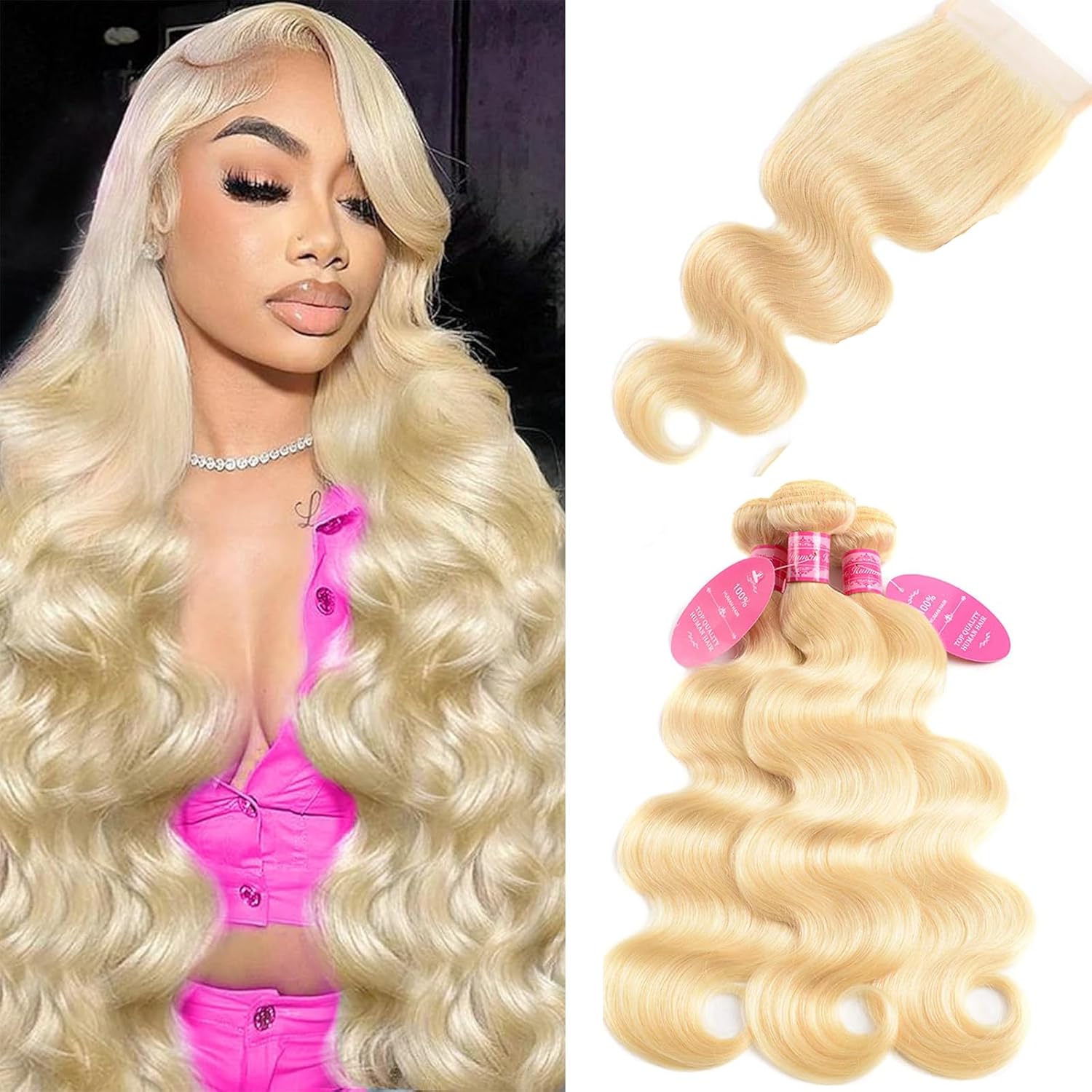 Atikual hair Brazilian blonde bundle hair with closure 613 blonde body wave 3 bundles with 4x4 lace closure Human Hair