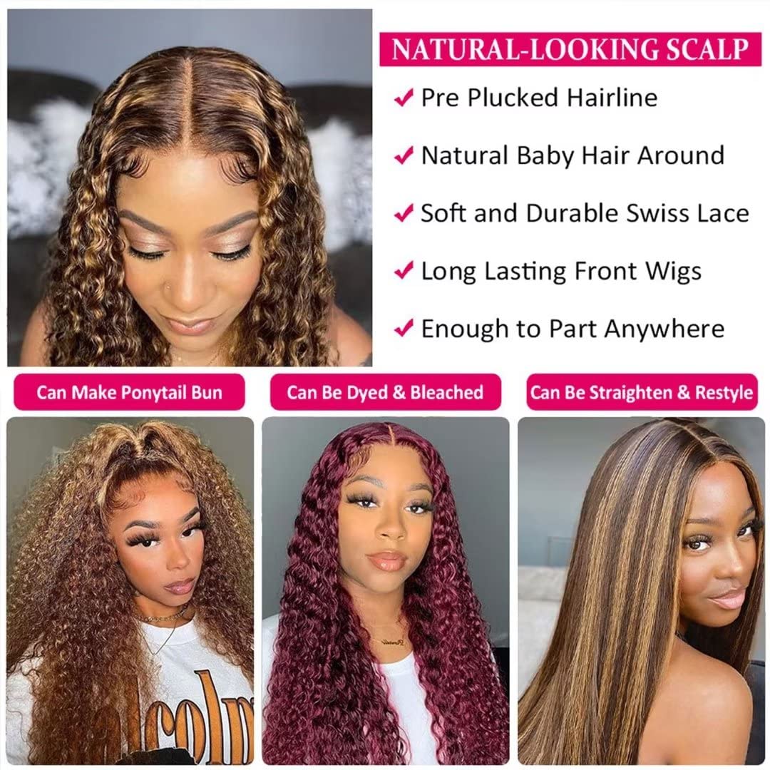 Atikual Ombre Honey Blonde Highlight 13X4 Transparent Lace Front Wigs Human Hair 180 Density P4/27 Water Wave Wigs for Women