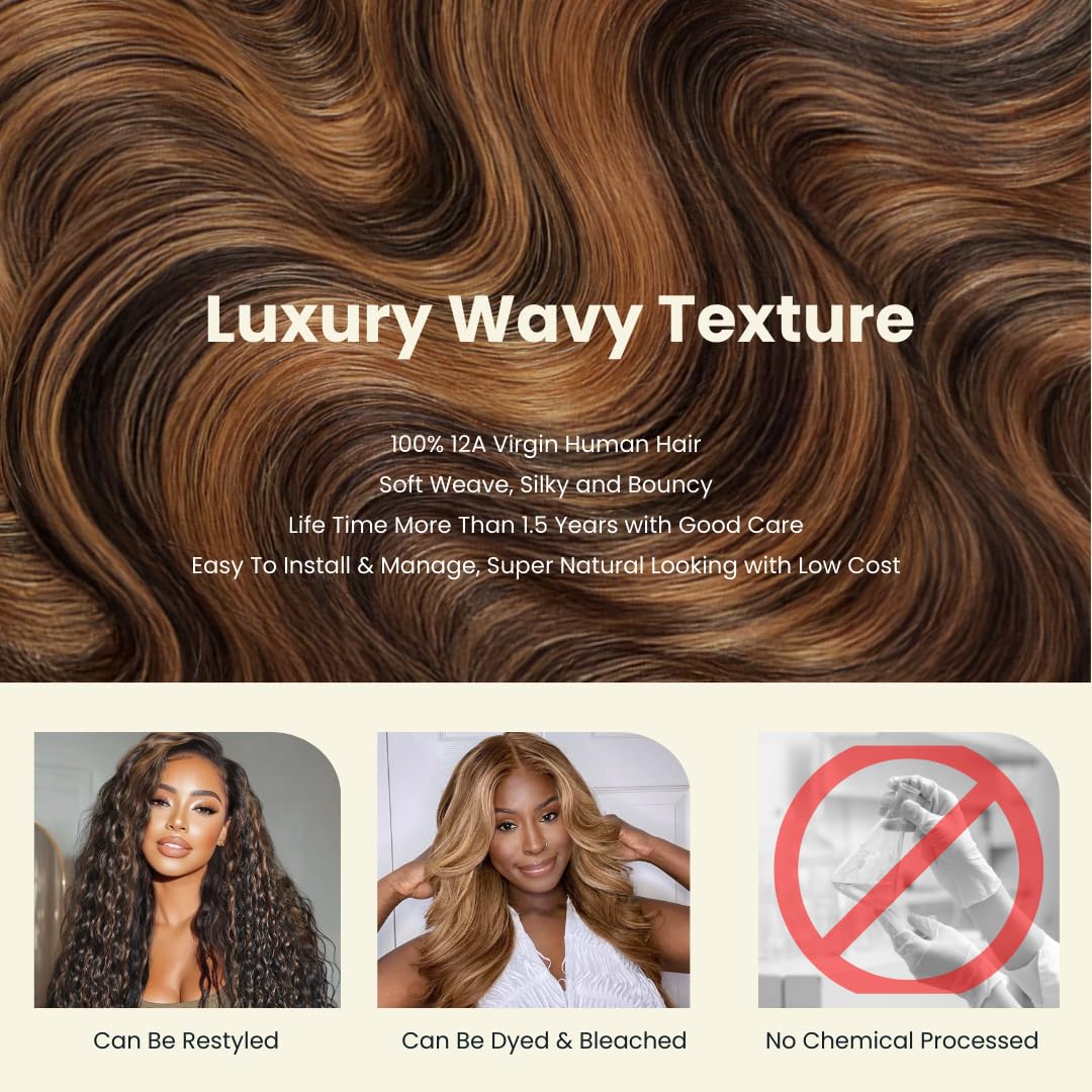 Atikual Brown Highlight 3 Bundles with 13x4 Lace Frontal Human Hair Body Wave Ombre #1b/30 Balayage Bundles with Frontal Free Part 100% Remy Hair