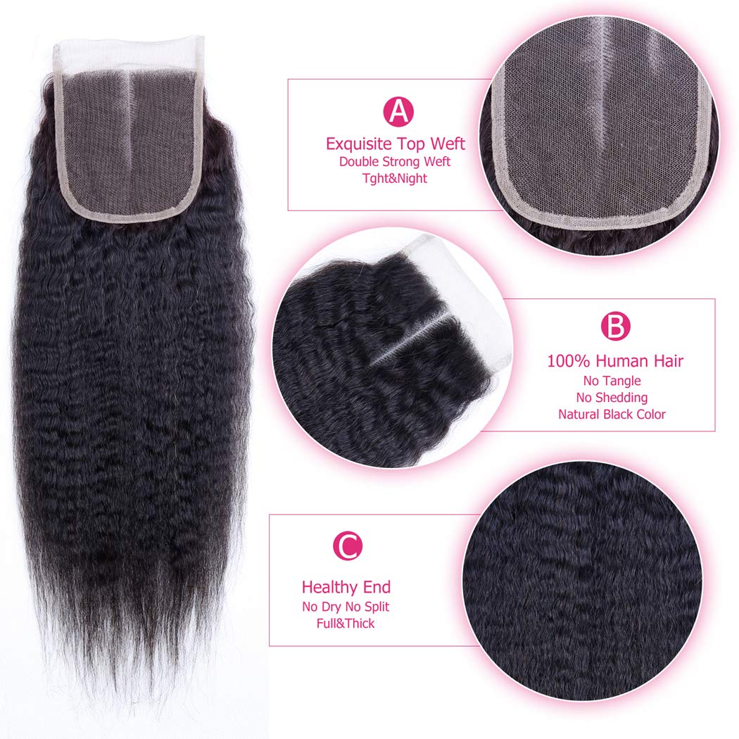 Atikual Kinky Straight Bundles with Closure Brazilian Human Hair Unprocessed Yaki Straight Virgin Hair 3 Bundles with 4x4 Lace Closure Natural Black