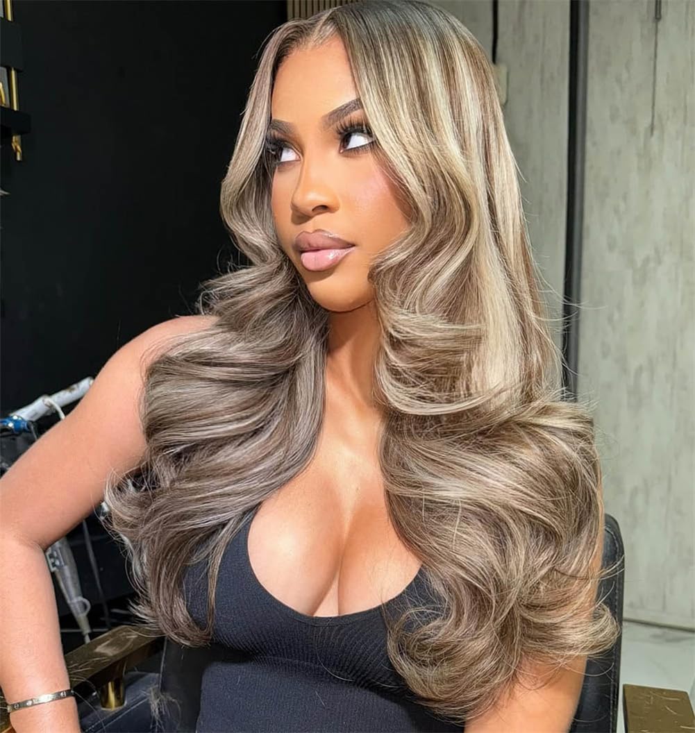 Atikual Ombre Ash Blonde Highlights Lace Front Wig Human Hair Body Wave Ombre Roots Milk Tea with Brown Color Pre Plucked Wigs